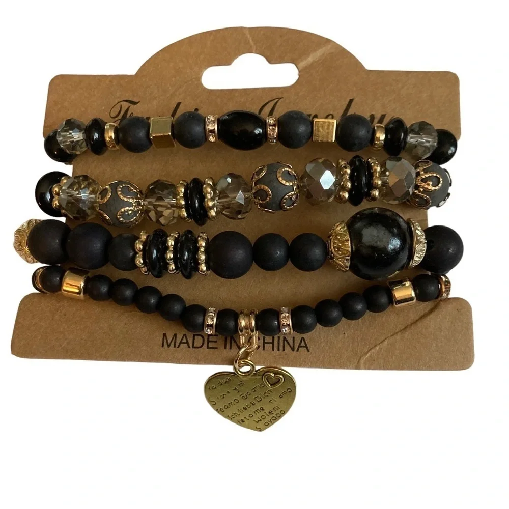 Bracelet Heart Charm Bead Layered Set Elastic Stretch